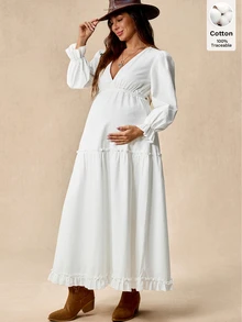 Boho Mama Maternity Versatile Pleated Dress For Vacation And Daily Wear - White - View 3