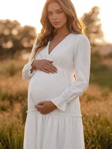 Boho Mama Maternity Versatile Pleated Dress For Vacation And Daily Wear - White - View 2