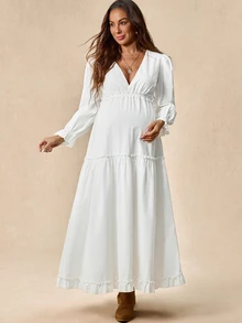 Boho Mama Maternity Versatile Pleated Dress For Vacation And Daily Wear - White - View 5