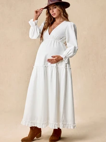 Boho Mama Maternity Versatile Pleated Dress For Vacation And Daily Wear - White - View 10