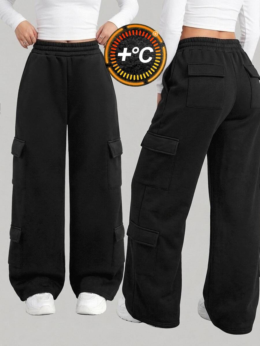 SHEIN Teen Girl Teen Girls Black Casual Fleece Lined Multi Pocket Cargo Drawstring Wide Leg Sweatpants Warm Fall Winter - Black - View 1