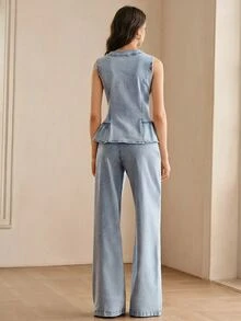 Anewsta Summer Women's Fashionable Modern Commute Beaded Palace Style Blue Denim Outfit - Light Wash - View 2