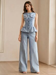 Anewsta Summer Women's Fashionable Modern Commute Beaded Palace Style Blue Denim Outfit - Light Wash - View 7