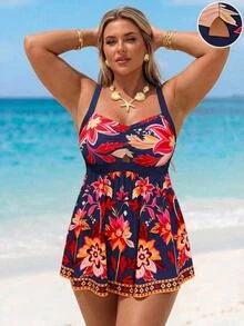 Slaydiva Plus Size Floral Print Beach Swim Dress - Multicolor - View 6