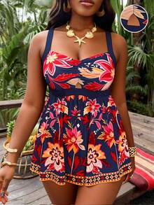 Slaydiva Plus Size Floral Print Beach Swim Dress - Multicolor - View 1