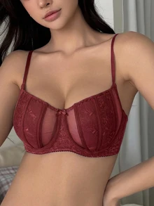 DAZY Sujetador sexy con acolchado, tiras ajustables y malla y encaje para mujeres - Color caoba - Ver 5