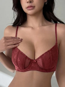 DAZY Sujetador sexy con acolchado, tiras ajustables y malla y encaje para mujeres - Color caoba - Ver 3
