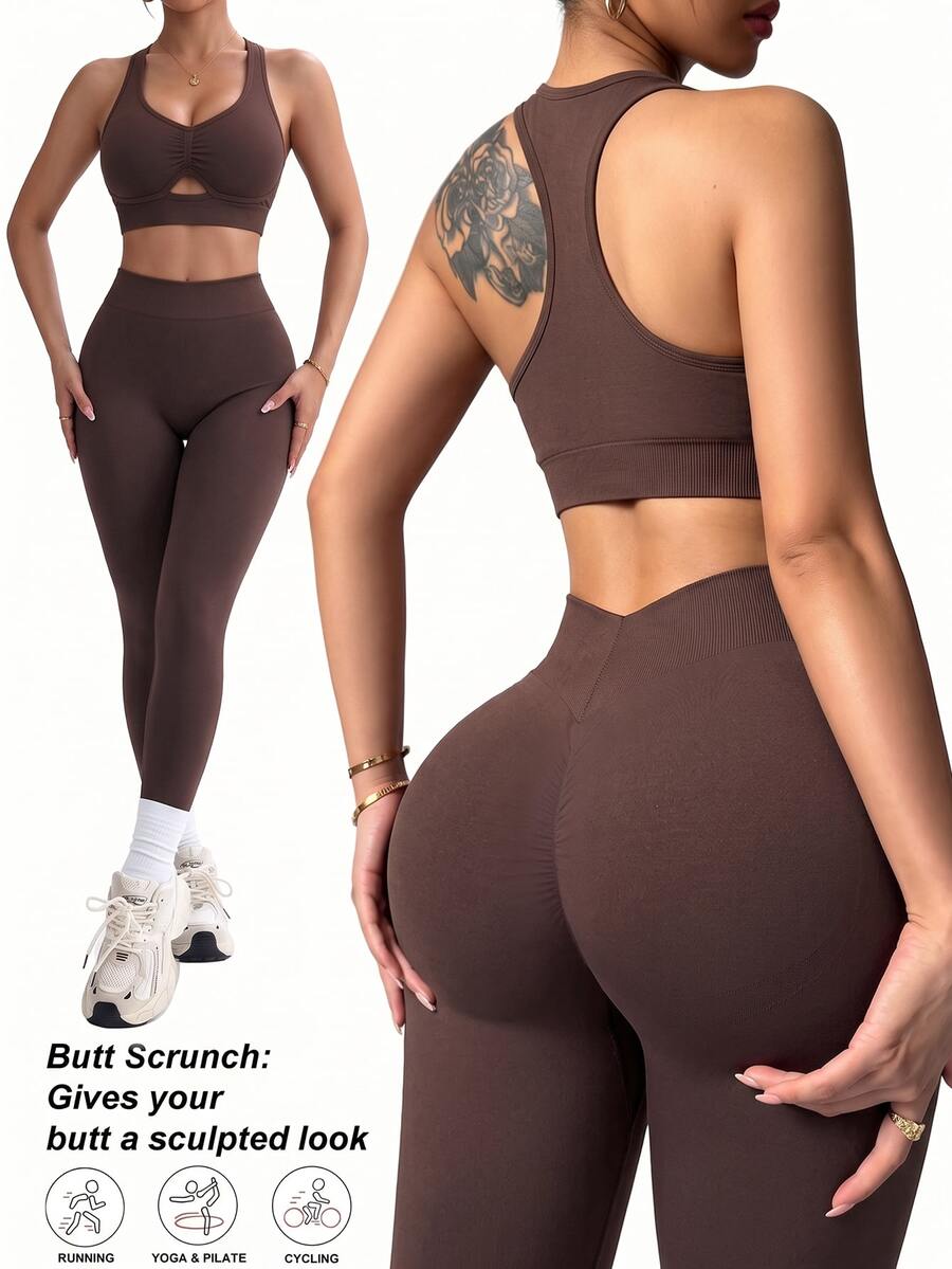 Dewbera Dewbera Women's Cutout Tank Top And Leggings Sports Modest Sporty Set Gym Dark Brown Fall - Brown - View 1