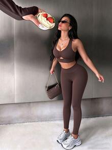 Dewbera Dewbera Women's Cutout Tank Top And Leggings Sports Modest Sporty Set Gym Dark Brown Fall - Brown - View 3