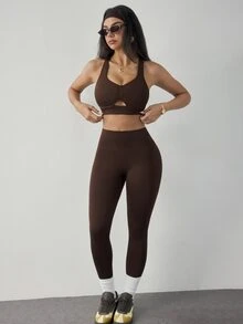 Dewbera Dewbera Women's Cutout Tank Top And Leggings Sports Modest Sporty Set Gym Dark Brown Fall - Brown - View 6