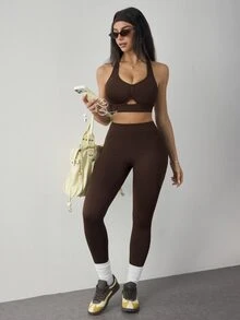 Dewbera Dewbera Women's Cutout Tank Top And Leggings Sports Modest Sporty Set Gym Dark Brown Fall - Brown - View 5