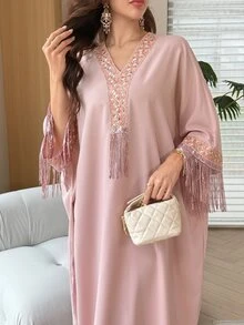 Yasmyna V-Neck Floral Ribbon Sequin Tassel Embellished Light Pink Arabian Dress Wedding Fringe Dress Fall/Winter Christening Guest Formal Modest Elegant - Pink - View 5