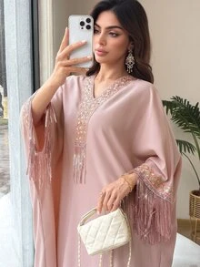 Yasmyna V-Neck Floral Ribbon Sequin Tassel Embellished Light Pink Arabian Dress Wedding Fringe Dress Fall/Winter Christening Guest Formal Modest Elegant - Pink - View 2