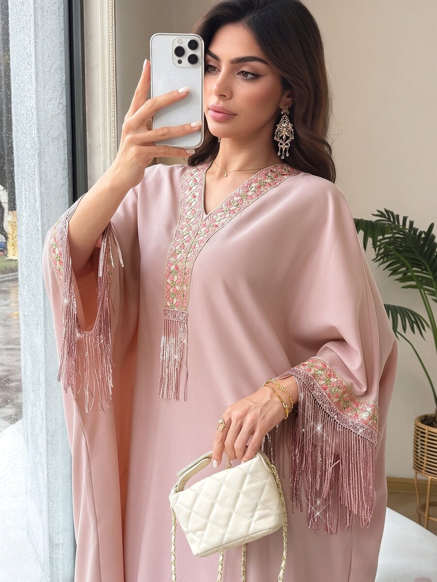 Yasmyna V-Neck Floral Ribbon Sequin Tassel Embellished Light Pink Arabian Dress Wedding Fringe Dress Fall/Winter Christening Guest Formal Modest Elegant