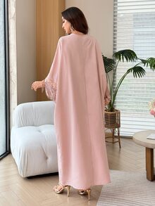 Yasmyna V-Neck Floral Ribbon Sequin Tassel Embellished Light Pink Arabian Dress Wedding Fringe Dress Fall/Winter Christening Guest Formal Modest Elegant - Pink - View 4