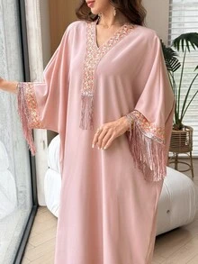 Yasmyna V-Neck Floral Ribbon Sequin Tassel Embellished Light Pink Arabian Dress Wedding Fringe Dress Fall/Winter Christening Guest Formal Modest Elegant - Pink - View 7