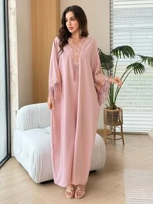 Yasmyna V-Neck Floral Ribbon Sequin Tassel Embellished Light Pink Arabian Dress Wedding Fringe Dress Fall/Winter Christening Guest Formal Modest Elegant - Pink - View 6