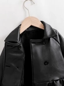 SHEIN 女童冬季黑色複合皮雙排扣抓絨休閒夾克，適合休閒戶外穿著 - 黑色 - 查看 6