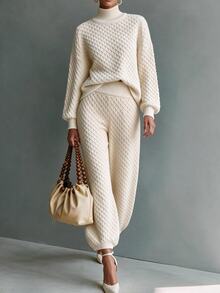Omancia Elegant High Neck Long Sleeve Design Women's Sweater 2 Pieces Set - Apricot - View 3