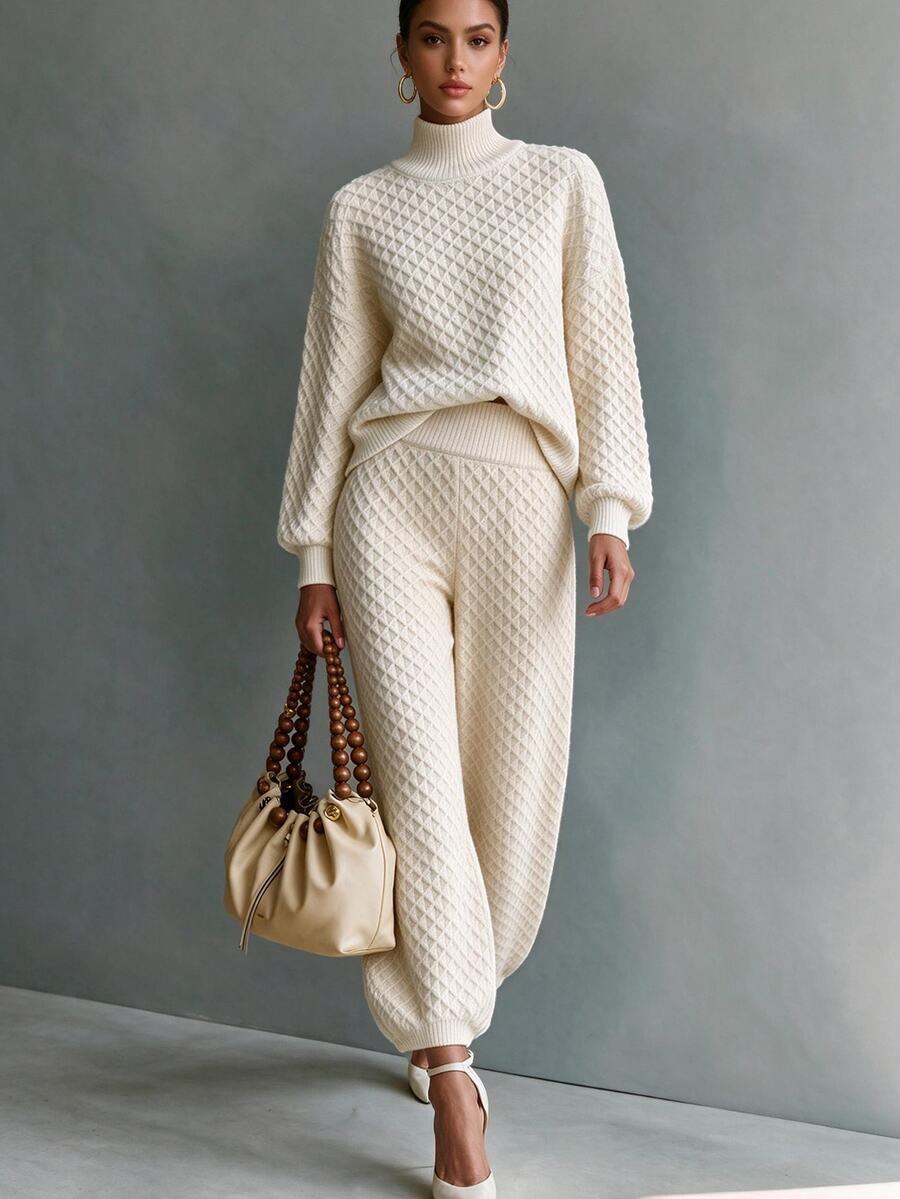 Omancia Elegant High Neck Long Sleeve Design Women's Sweater 2 Pieces Set - Apricot - View 1