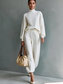 Breezaya Elegant High Neck Long Sleeve Design Women's Sweater 2 Pieces Set - White - View 1