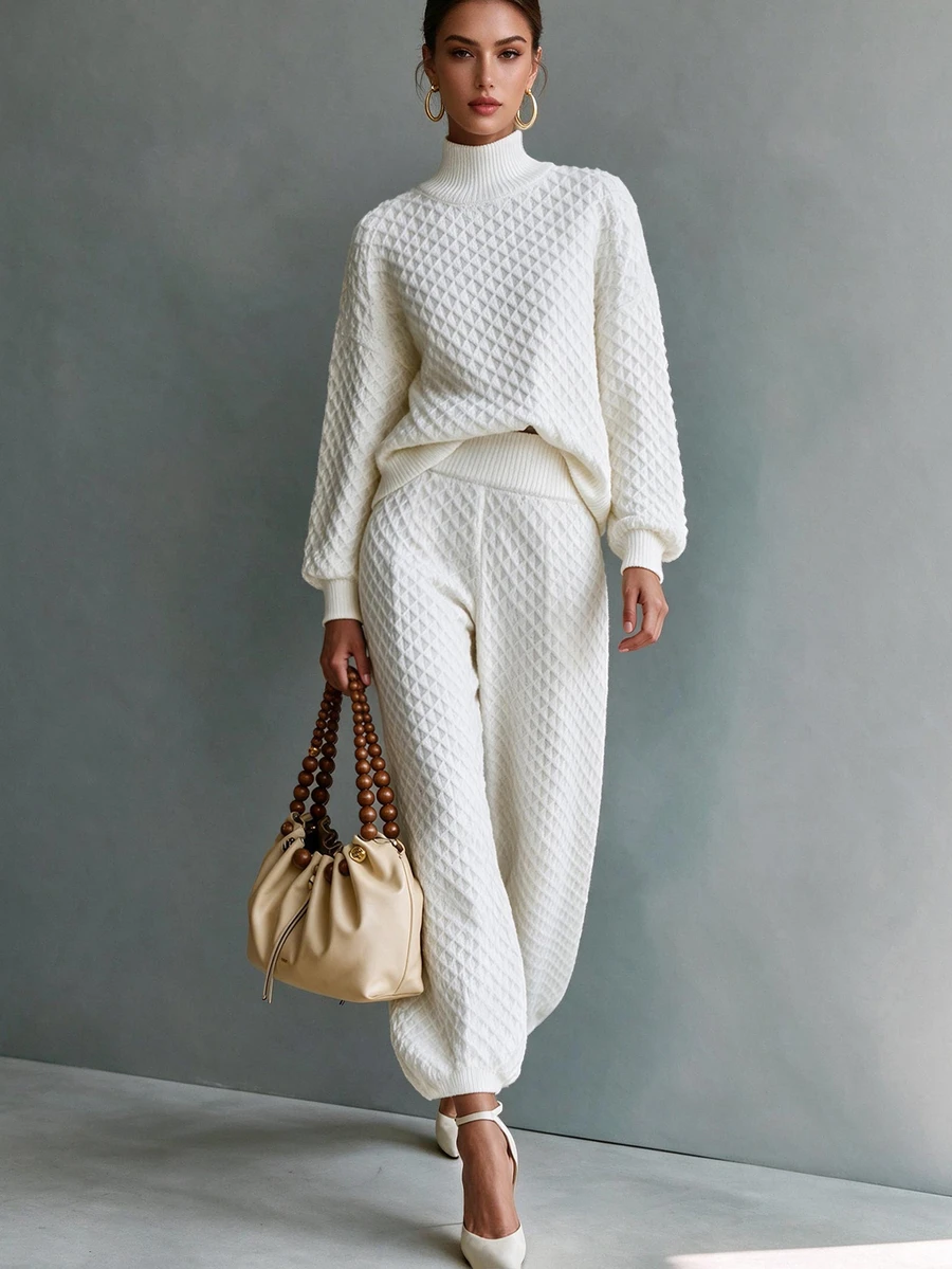 Breezaya Elegant High Neck Long Sleeve Design Women's Sweater 2 Pieces Set - White - View 1
