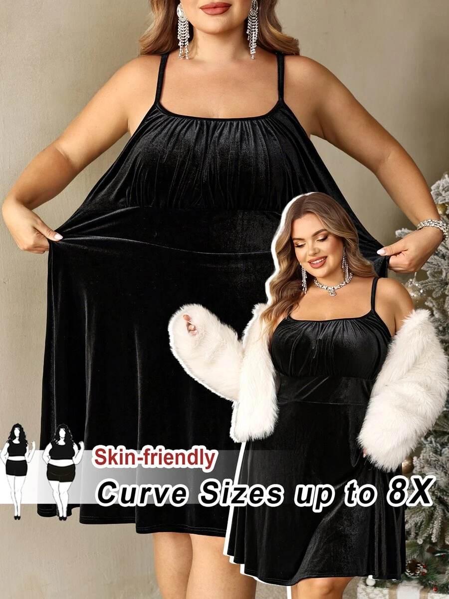 SHEIN CURVE+ Plus Size Women's Solid Color Pleated Velvet Christmas Spaghetti Strap Dress - Black - View 1