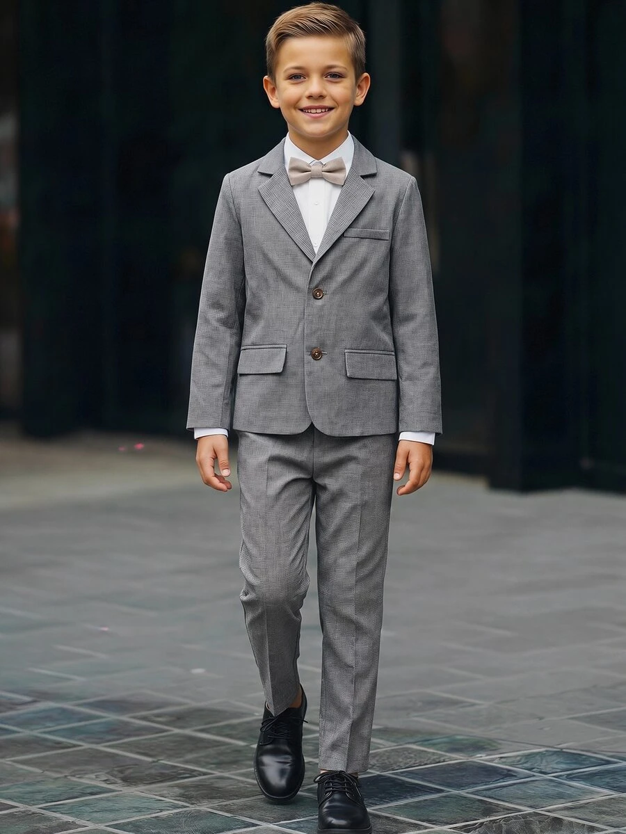 SHEIN 2pcs/Set Tween Boy Summer Casual Academy Cute Gentleman Solid Color Blazer & Elastic Waist Formal Pants Set, Suitable For Birthday Party, Evening Party, Performance, Wedding