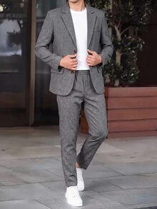 SHEIN 2pcs/Set Tween Boy Summer Casual Academy Cute Gentleman Solid Color Blazer & Elastic Waist Formal Pants Set, Suitable For Birthday Party, Evening Party, Performance, Wedding - Grey - View 5