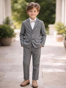 SHEIN 2pcs/Set Tween Boy Summer Casual Academy Cute Gentleman Solid Color Blazer & Elastic Waist Formal Pants Set, Suitable For Birthday Party, Evening Party, Performance, Wedding - Grey - View 6