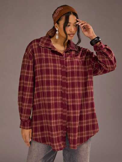 Freevana Plus Size Casual Home Wear Autumn/Winter Thick Plaid Shirt Long Sleeve Shirt Burgundy Plaid Shirt Loose Fit Long Sleeve Button-Up Jacket Style Casual Top