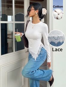 Serisse Women's Solid Color Round Neck Long Sleeve Contrast Lace Asymmetric Hem Slim Fit T-Shirt - White - View 5