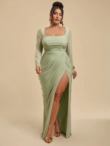 SHEIN BAE CURVE Plus Size Women's Bean Green Mesh Long Sleeve Slit Dress Fall Christmas - Green - View 2