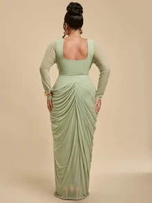 SHEIN BAE CURVE Plus Size Women's Bean Green Mesh Long Sleeve Slit Dress Fall Christmas - Green - View 6