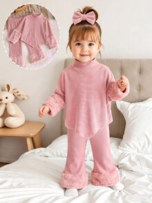 SHEIN 2件組 幼兒女嬰可愛粉色羅紋針織長袖高領T恤褲套裝，公主風舒適修身，適合秋冬冬季休閒穿著 - 粉色 - 查看 2