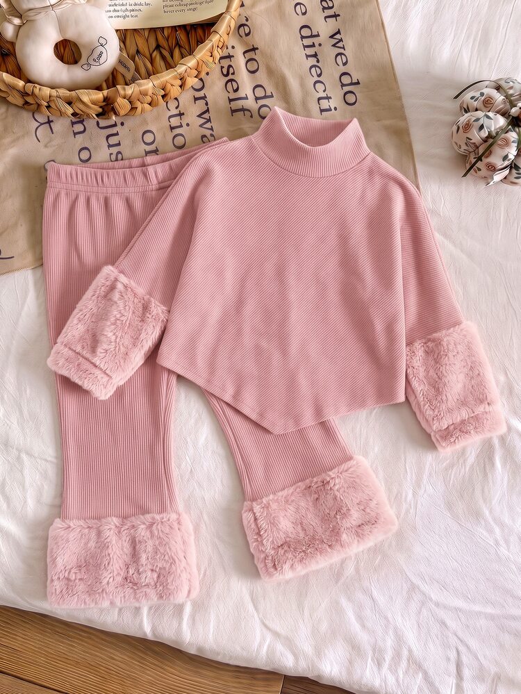 SHEIN Toddler Baby Girl Top Flare Pants Set Cute Pink Fuzzy Trim Bow Long Sleeve High Neck Regular Holiday Party Fall Asymmetric Hem - Pink - View 1