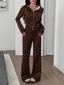 SHEIN EZwear 女款波點印花修身衛衣與喇叭褲套裝，適合外出穿搭、返校季、街頭風、Y2K風格服飾 - 棕色 - 查看 5