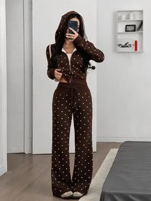 SHEIN EZwear 女款波點印花修身衛衣與喇叭褲套裝，適合外出穿搭、返校季、街頭風、Y2K風格服飾 - 棕色 - 查看 4