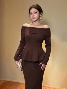DAZY Women's Solid Color Off-Shoulder Long Sleeve Top And Skirt Knit 2 Pieces Set - Brown - View 8