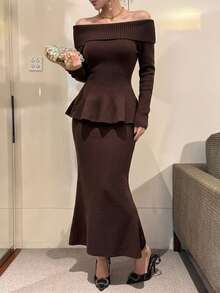 DAZY Women's Solid Color Off-Shoulder Long Sleeve Top And Skirt Knit 2 Pieces Set - Brown - View 11