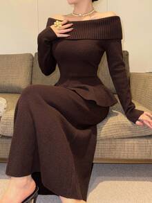DAZY Women's Solid Color Off-Shoulder Long Sleeve Top And Skirt Knit 2 Pieces Set - Brown - View 6