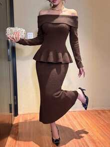 DAZY Women's Solid Color Off-Shoulder Long Sleeve Top And Skirt Knit 2 Pieces Set - Brown - View 3
