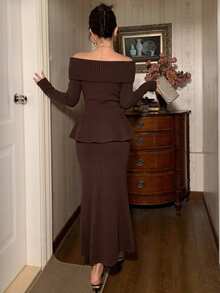DAZY Women's Solid Color Off-Shoulder Long Sleeve Top And Skirt Knit 2 Pieces Set - Brown - View 2