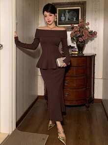 DAZY Women's Solid Color Off-Shoulder Long Sleeve Top And Skirt Knit 2 Pieces Set - Brown - View 4