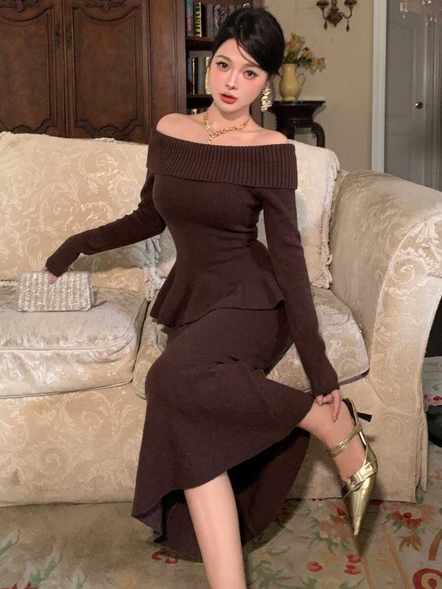 DAZY Women's Solid Color Off-Shoulder Long Sleeve Top And Skirt Knit 2 Pieces Set - Brown - View 1