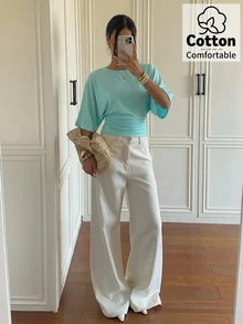 Aloruh Summer Elegant Solid Color Batwing Sleeve Cotton Blend Comfortable Waist-Cinching T-Shirt - Mint Green - View 7