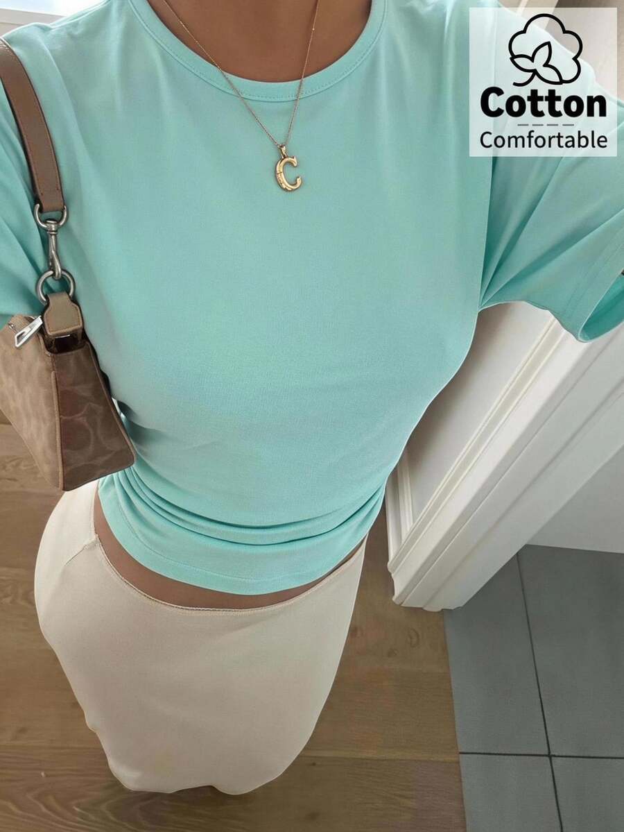 Aloruh Summer Elegant Solid Color Batwing Sleeve Cotton Blend Comfortable Waist-Cinching T-Shirt - Mint Green - View 1