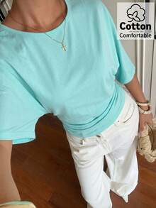 Aloruh Summer Elegant Solid Color Batwing Sleeve Cotton Blend Comfortable Waist-Cinching T-Shirt - Mint Green - View 5