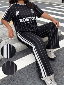 SHEIN EZwear 大尺碼女款字母騎士圖案短袖上衣長褲休閒街頭風套裝，黑白配色，適合夏季度假旅行 - 黑色 - 查看 5