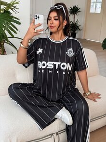 SHEIN EZwear 大尺碼女款字母騎士圖案短袖上衣長褲休閒街頭風套裝，黑白配色，適合夏季度假旅行 - 黑色 - 查看 9